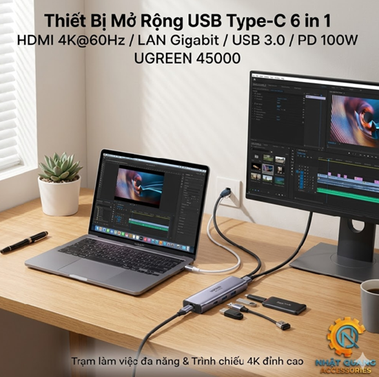 Thiết Bị Mở Rộng USB Type-C 6 in 1 HDMI 4K@60Hz / LAN Gigabit / USB 3.0 / PD 100W UGREEN 45000